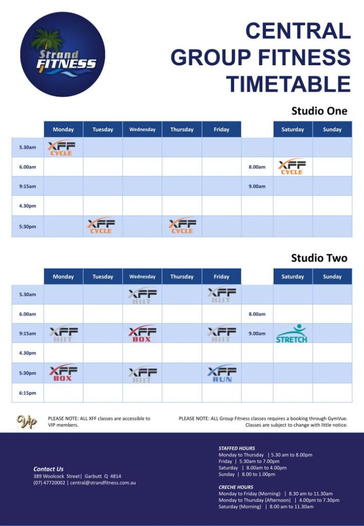 Townsville Strand Fitness Central, Group Fitness Timetable